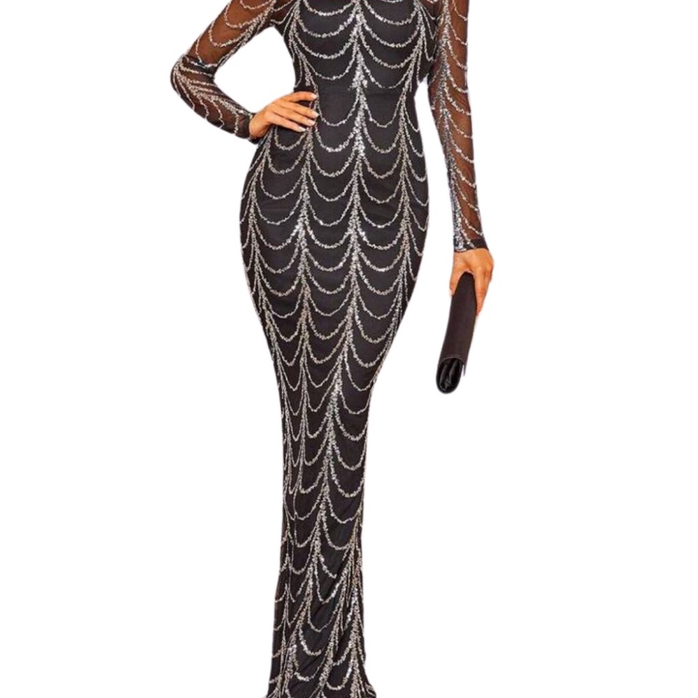 Elegant Black Evening Dress with Silver Accents